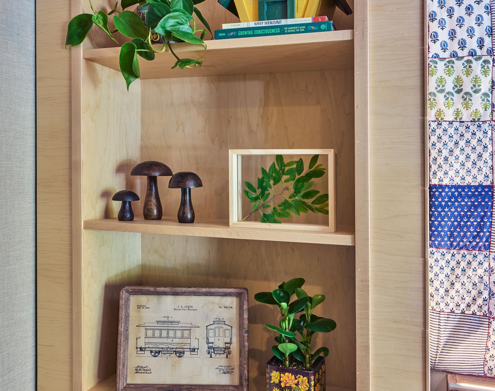 Wooden shelf with green and yellow knick knacks and plants