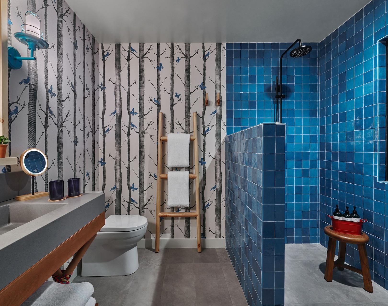 Bathroom with ladder towel rack and walk-in shower