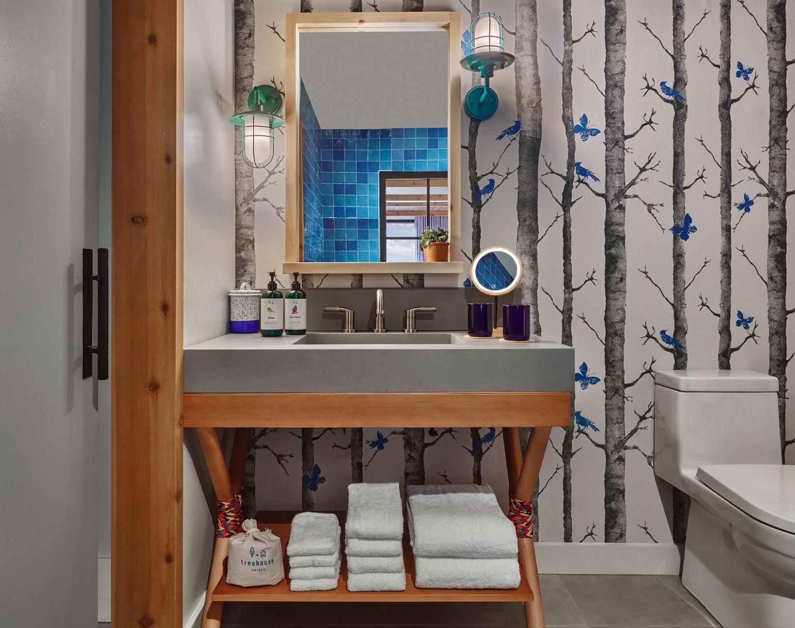 Bathroom vanity with exposed shelfs