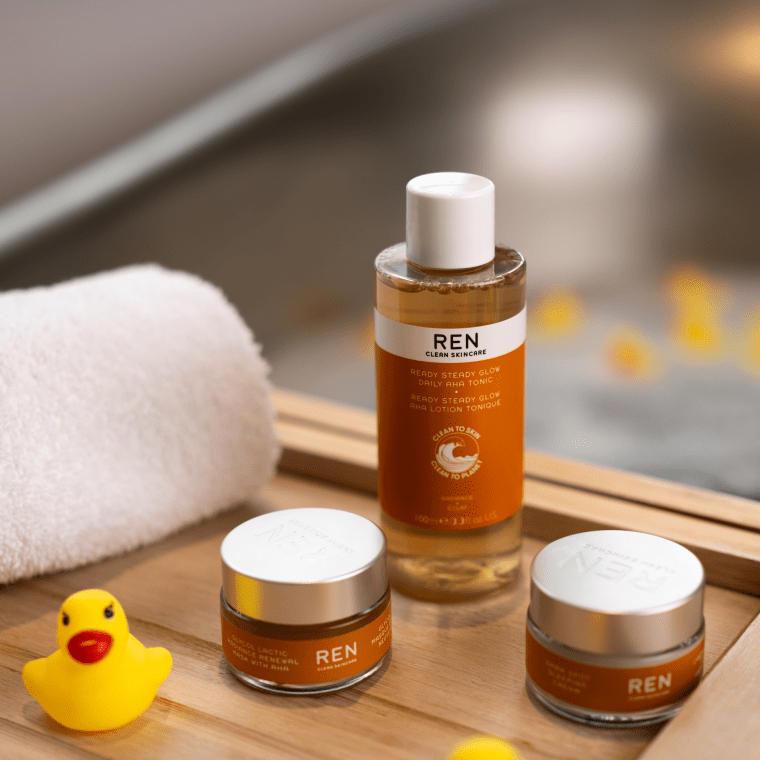 Ren skincare products on a tray