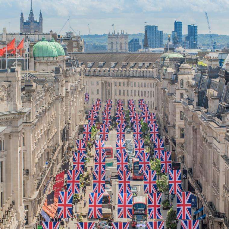 British flags handing over a street