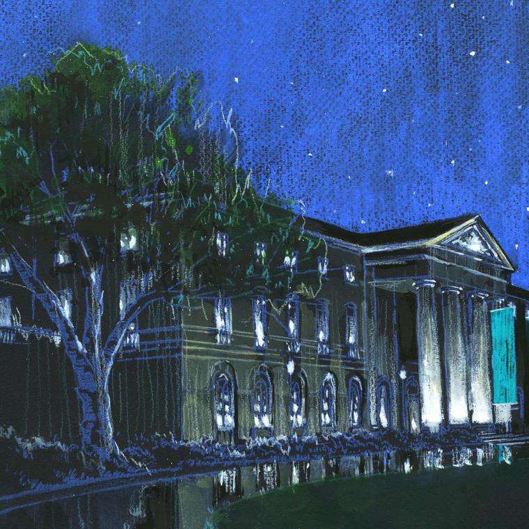 A painting of a building in the moonlight