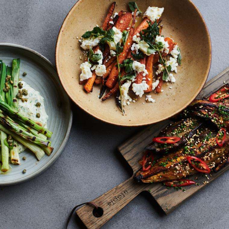 vegetable dishes on various plates