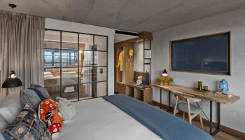 Wideshot of Cityscape Room, including bed