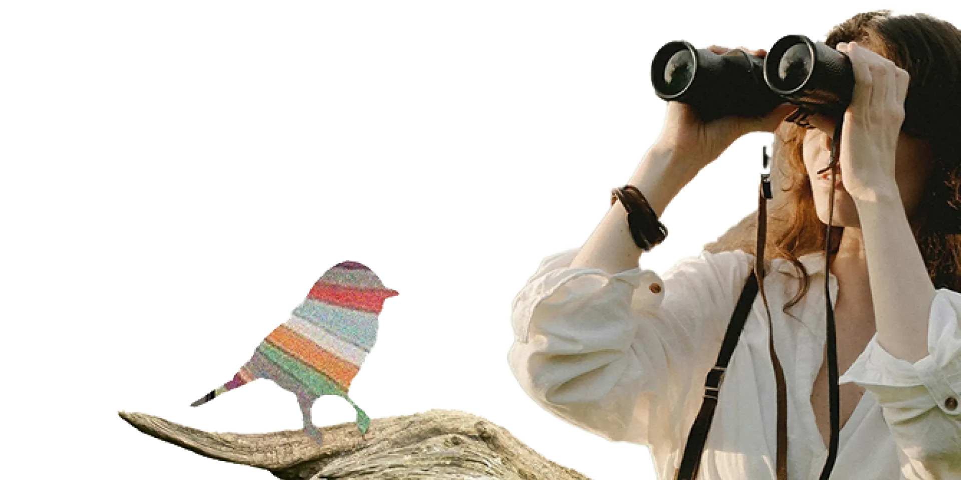 woman looking through binoculars while a bird sits on a branch